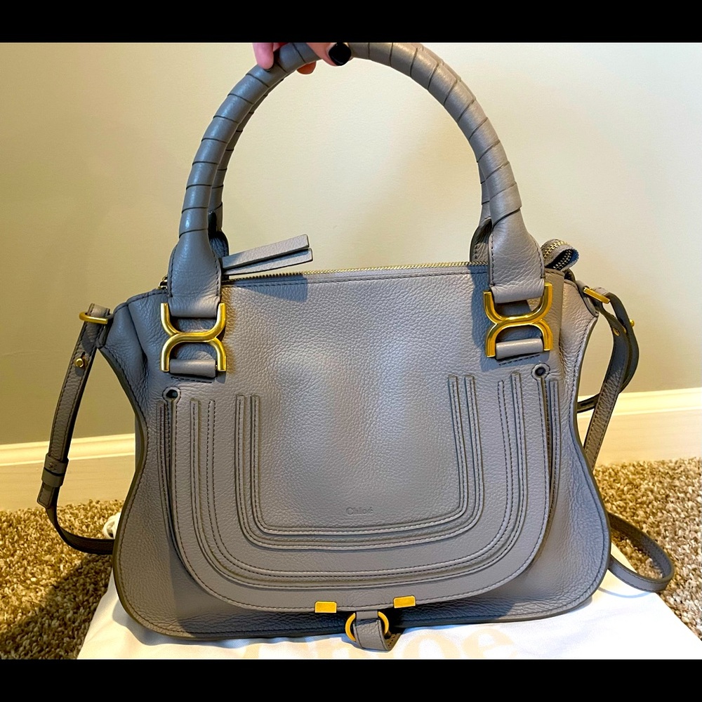 Chloe Gray Leather Marcie Satchel with Gold Hardware